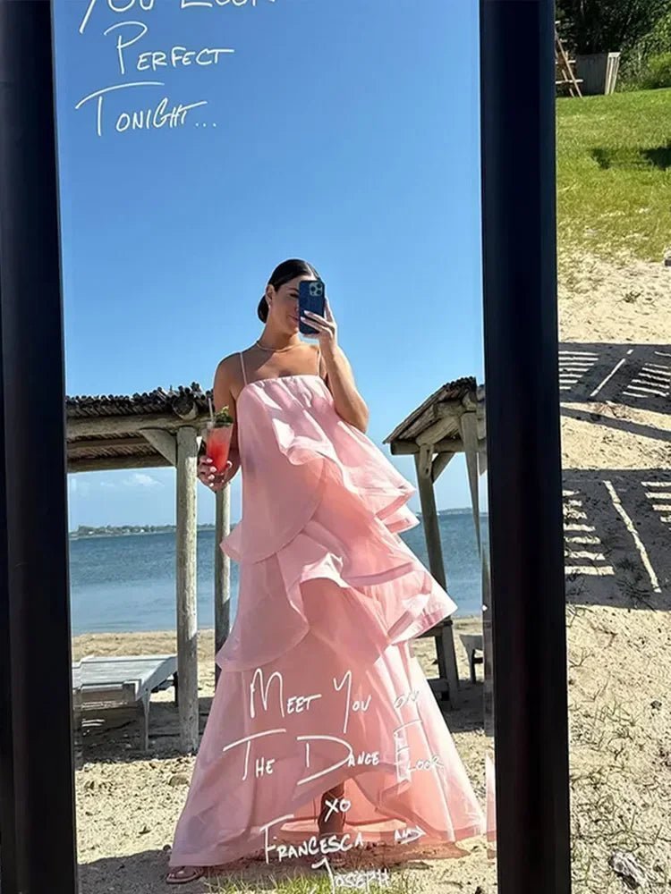 OLANE Strapless Layered Ruffle Maxi Dress PinkMWomen's Dresses