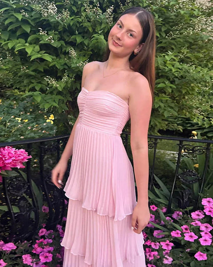 OLANE Strapless Pleated Tiered Maxi Dress LWomen's Dresses