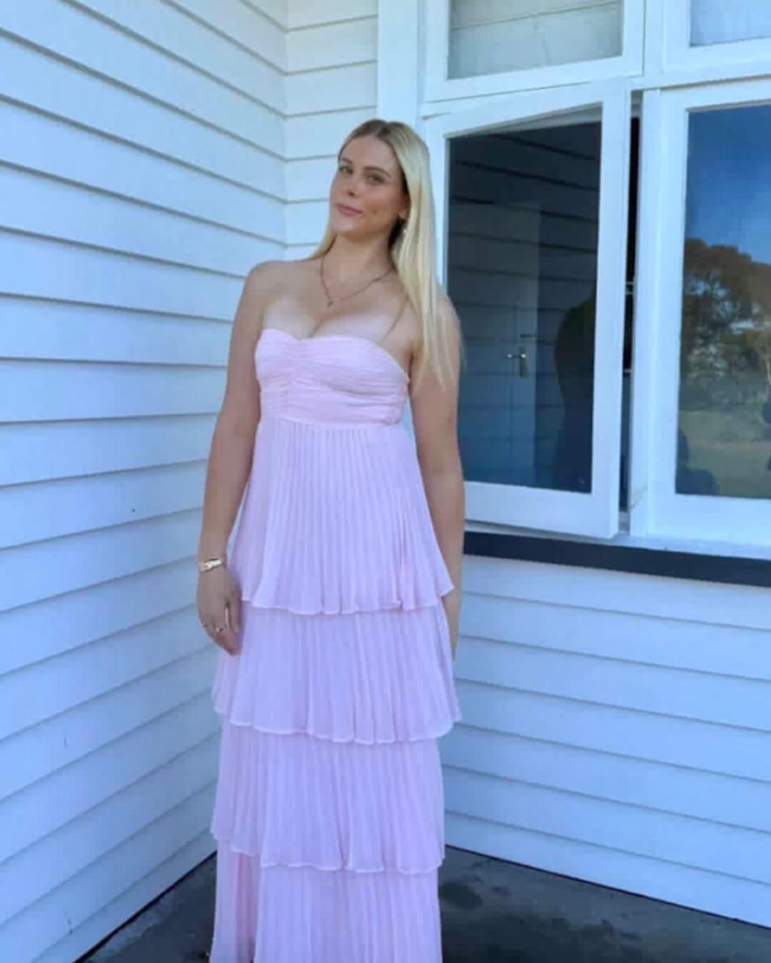 OLANE Strapless Pleated Tiered Maxi Dress SWomen's Dresses