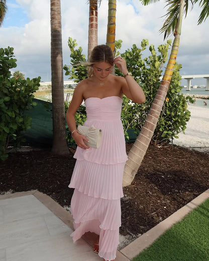 OLANE Strapless Pleated Tiered Maxi Dress SWomen's Dresses