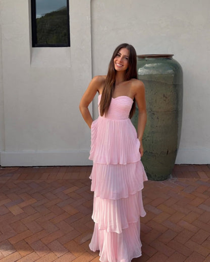 OLANE Strapless Pleated Tiered Maxi Dress SWomen's Dresses
