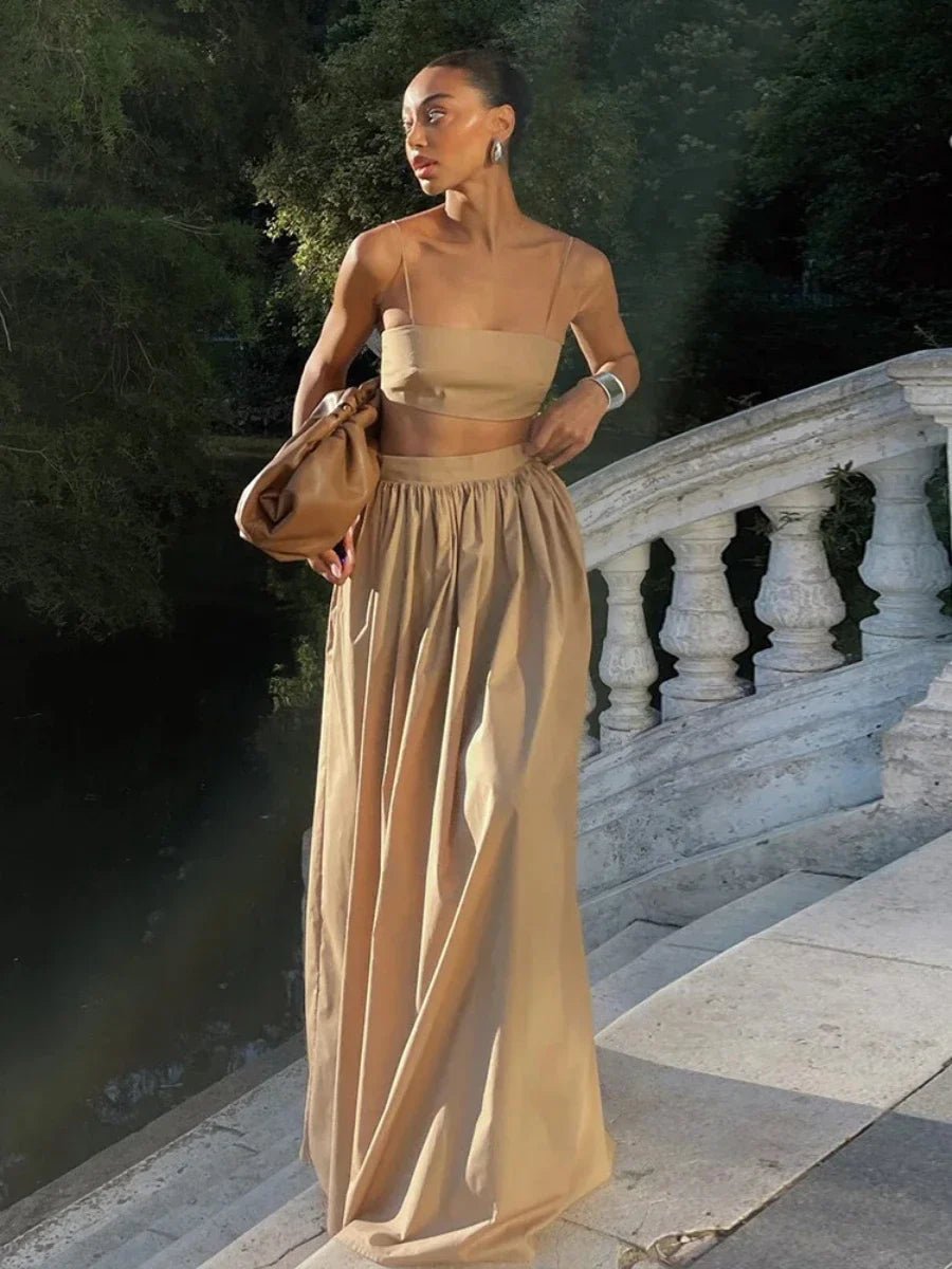 OLANE Strappy Crop Top Two-Piece Set CamelXSWomen's Sets