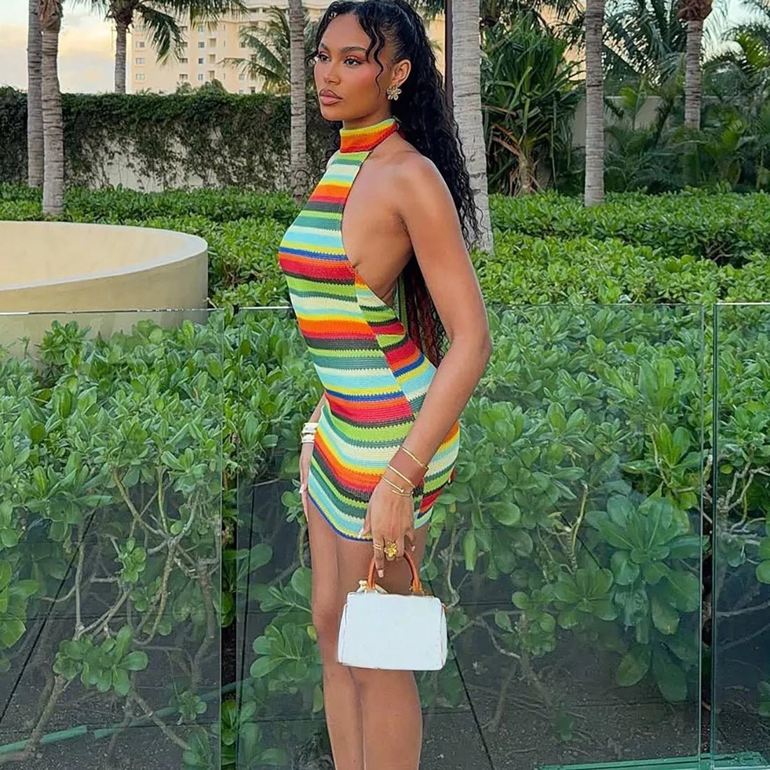 OLANE Striped Halter Bodycon Dress GreenSWomen’s Dresses