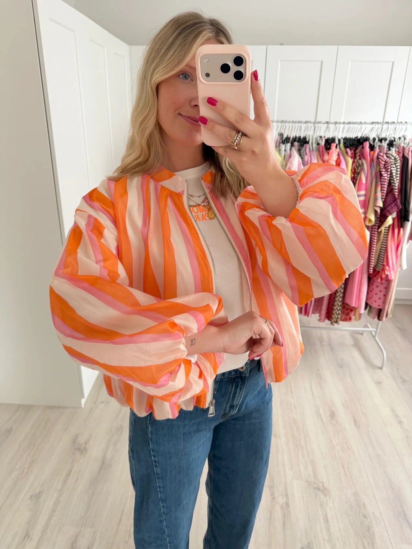 OLANE Striped High Neck Bomber Jacket LWomen's Coats & Jackets