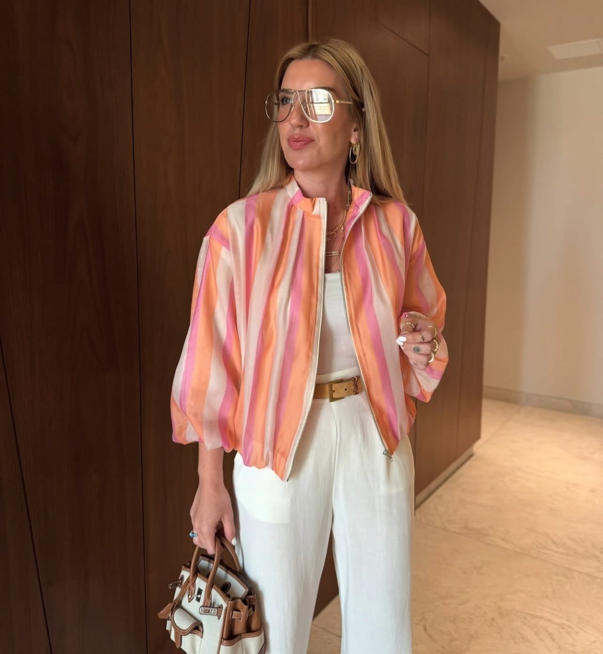 OLANE Striped High Neck Bomber Jacket SWomen's Coats & Jackets