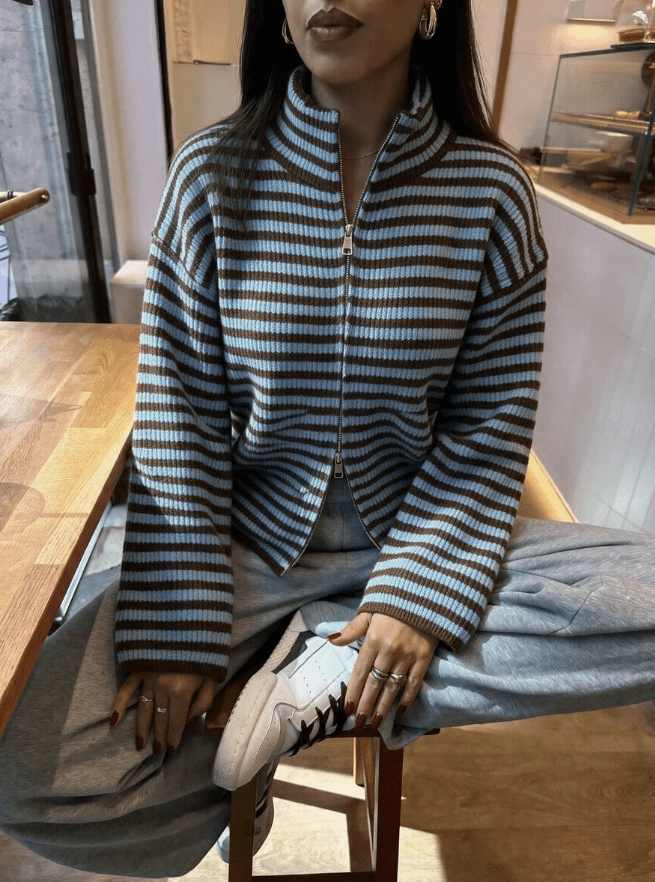 OLANE Striped High Neck Zip-Up Cardigan Blue StripesLCardigan