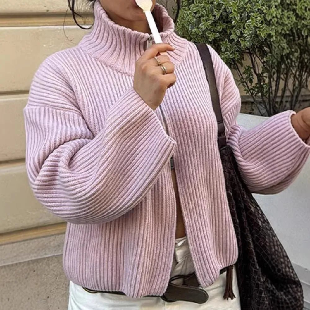 OLANE Striped High Neck Zip-Up Cardigan PinkMCardigan
