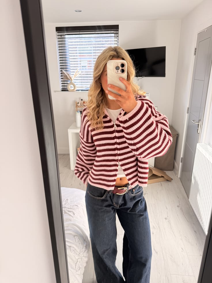 OLANE Striped High Neck Zip-Up Cardigan Red StripesSCardigan