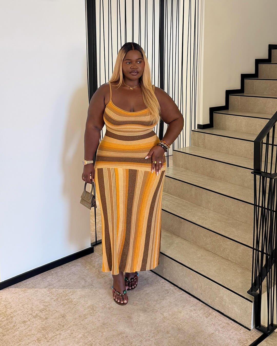 OLANE Striped Knit Bodycon Midi Dress YellowSWomen's Dresses