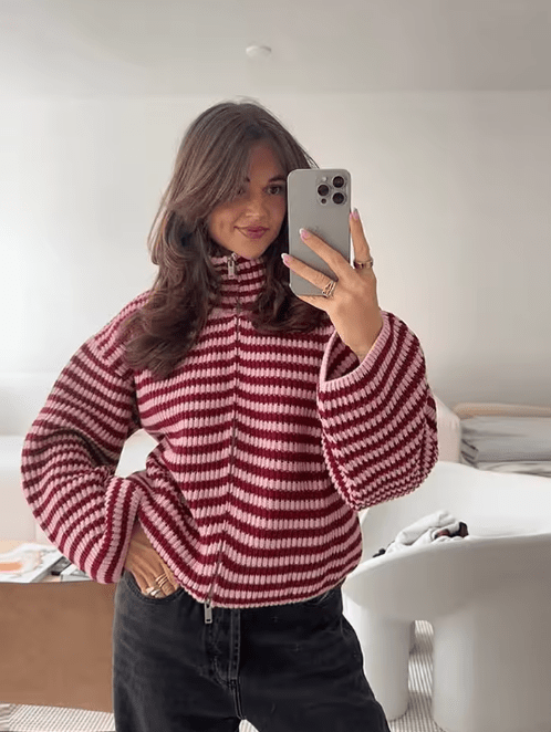 OLANE Striped Knit Zip Sweater RedLWomen's Sweaters & Cardigans
