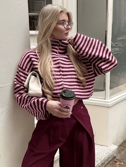 OLANE Striped Knit Zip Sweater RedLWomen's Sweaters & Cardigans