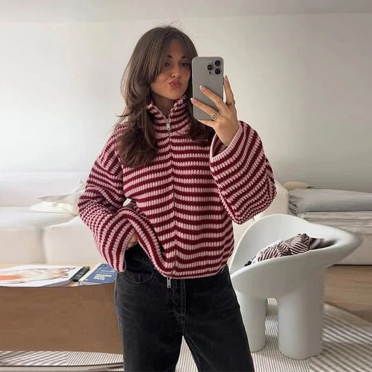 OLANE Striped Knit Zip Sweater RedSWomen's Sweaters & Cardigans