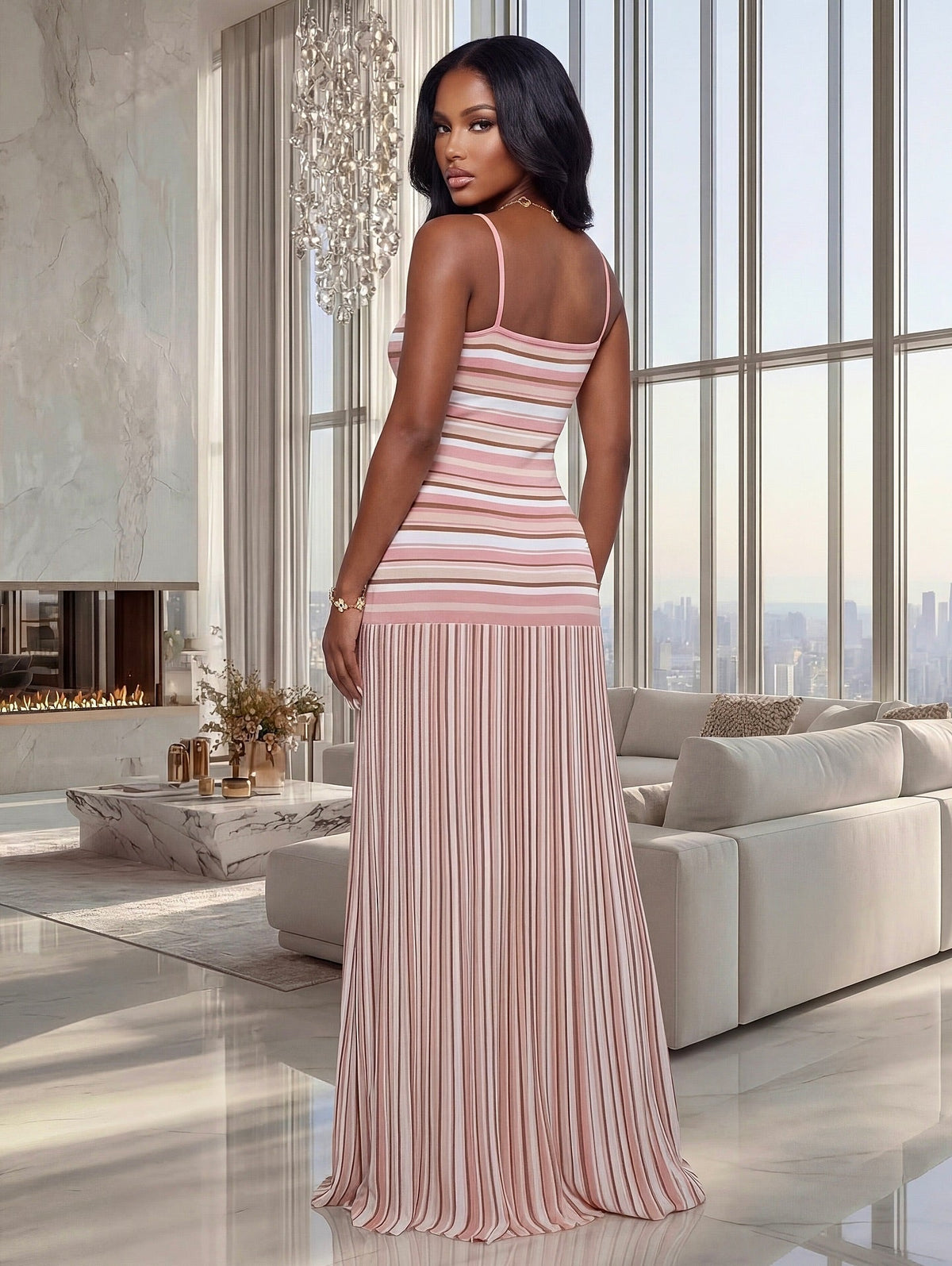OLANE Striped Knitted Cami Maxi Dress SWomen’s Dresses