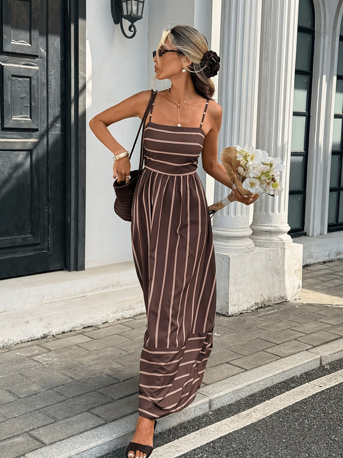 OLANE Striped Linen Slip Dress BrownSWomen’s Dresses