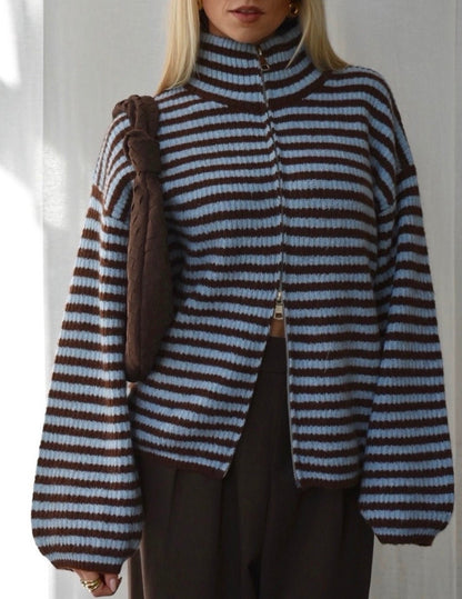 OLANE Striped Mock Neck Cardigan BlueSWomen's Sweaters & Cardigans