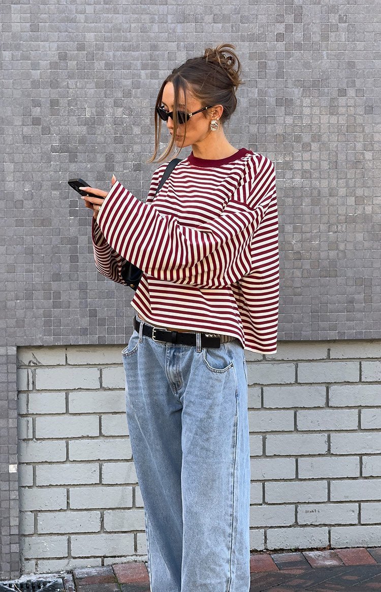OLANE Striped Oversized Knit Sweater BurgundyXSWomen's Sweaters & Cardigans