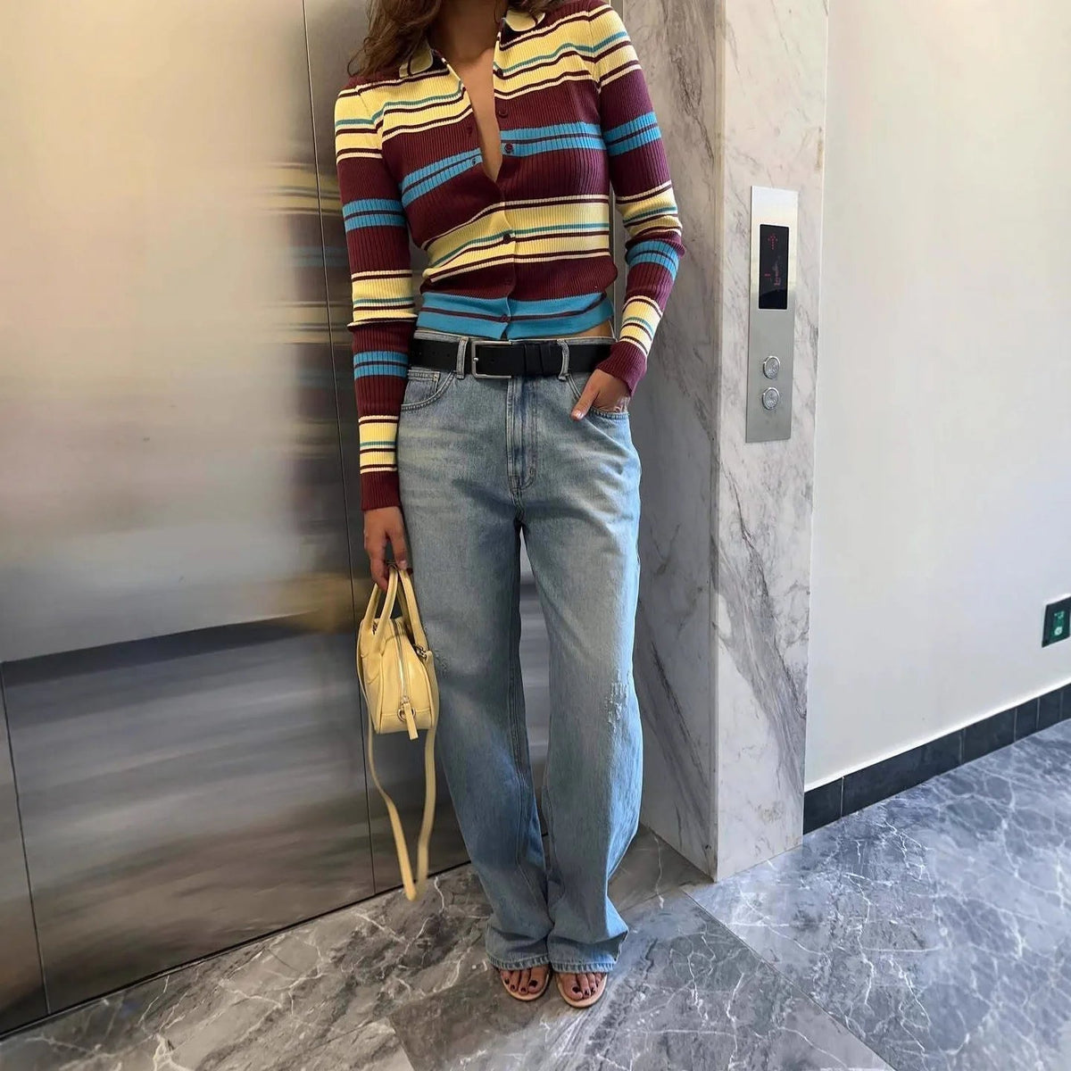 OLANE Striped Single-Breasted Knit Cardigan SWomen's Sweaters & Cardigans