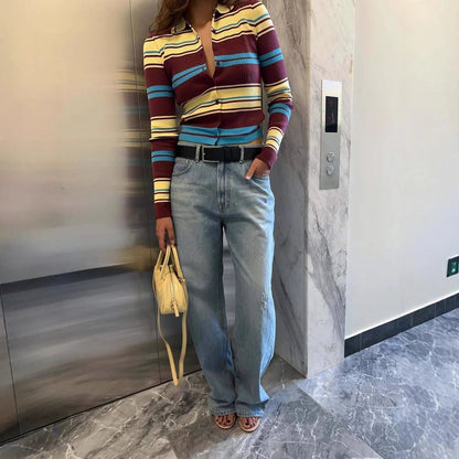OLANE Striped Single-Breasted Knit Cardigan SWomen's Sweaters & Cardigans