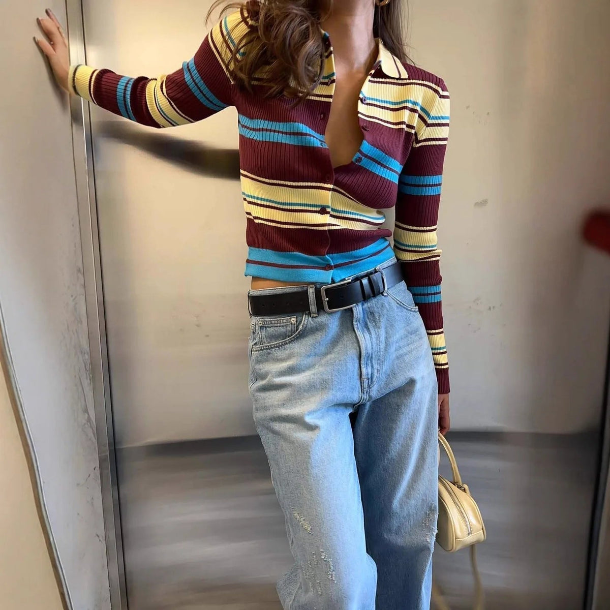 OLANE Striped Single-Breasted Knit Cardigan SWomen's Sweaters & Cardigans