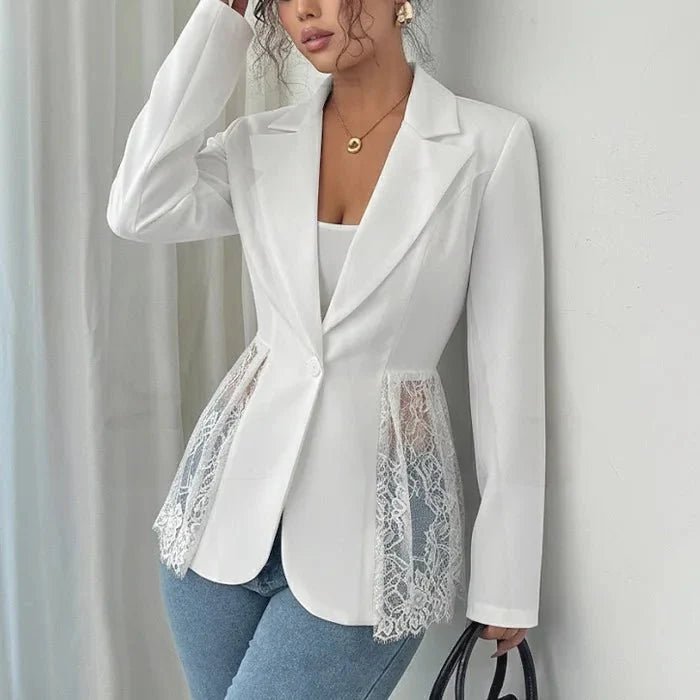 OLANE Structured Lace Panel Tailored Blazer WhiteSWomen's Coats & Jackets
