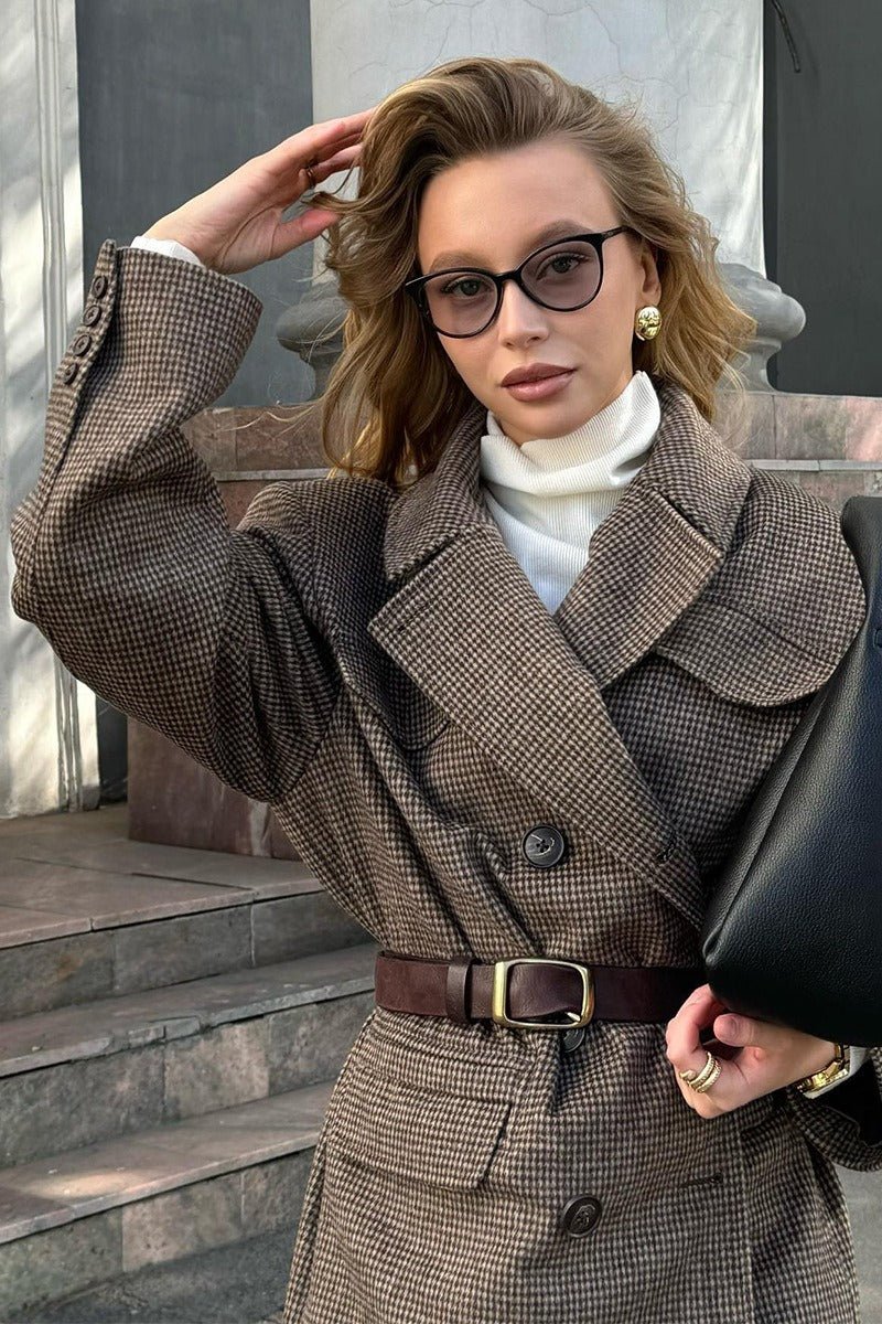 OLANE Structured Tweed Lapel Button Coat BrownSCoat