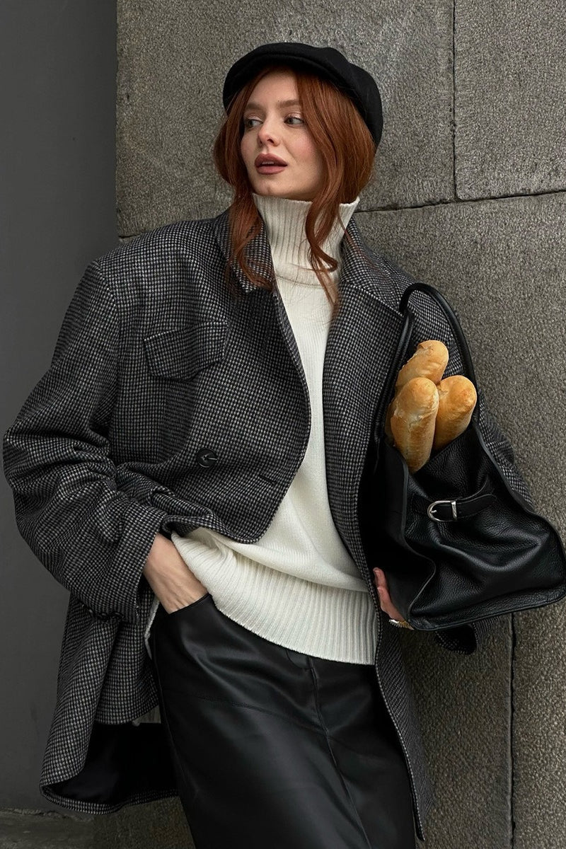 OLANE Structured Tweed Lapel Button Coat GreySCoat