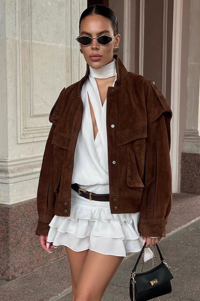 OLANE Structured Wide Shoulder Suede Jacket BrownSWomen's Coats & Jackets