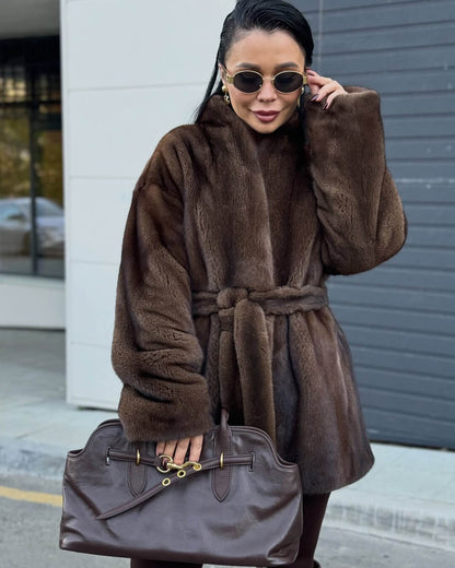 OLANE Stylish Belted Faux Fur Jacket MWomen's Coats & Jackets