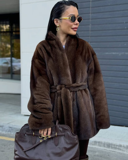 OLANE Stylish Belted Faux Fur Jacket MWomen's Coats & Jackets