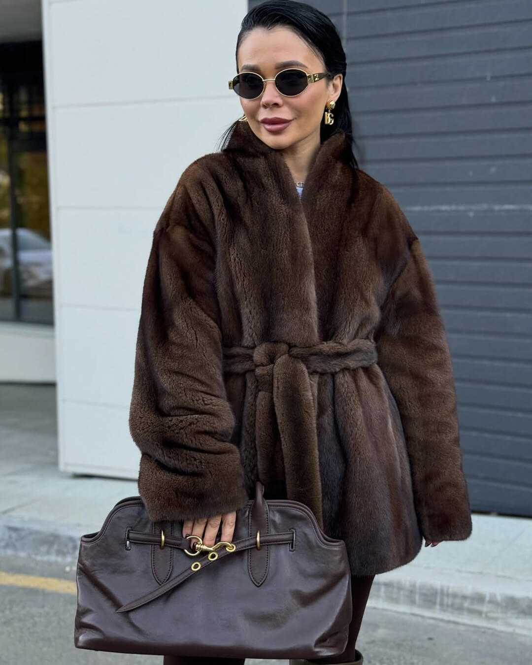 OLANE Stylish Belted Faux Fur Jacket MWomen's Coats & Jackets