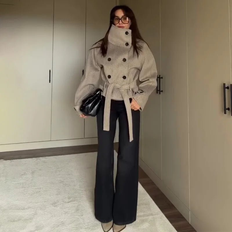 OLANE Stylish Belted Funnel Neck Coat BeigeXLWomen's Coats & Jackets