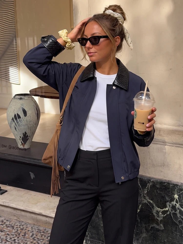 OLANE Stylish Contrast Collar Bomber Jacket NavySWomen's Coats & Jackets