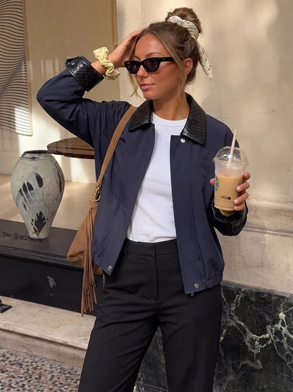 OLANE Stylish Contrast Collar Bomber Jacket NavySWomen's Coats & Jackets