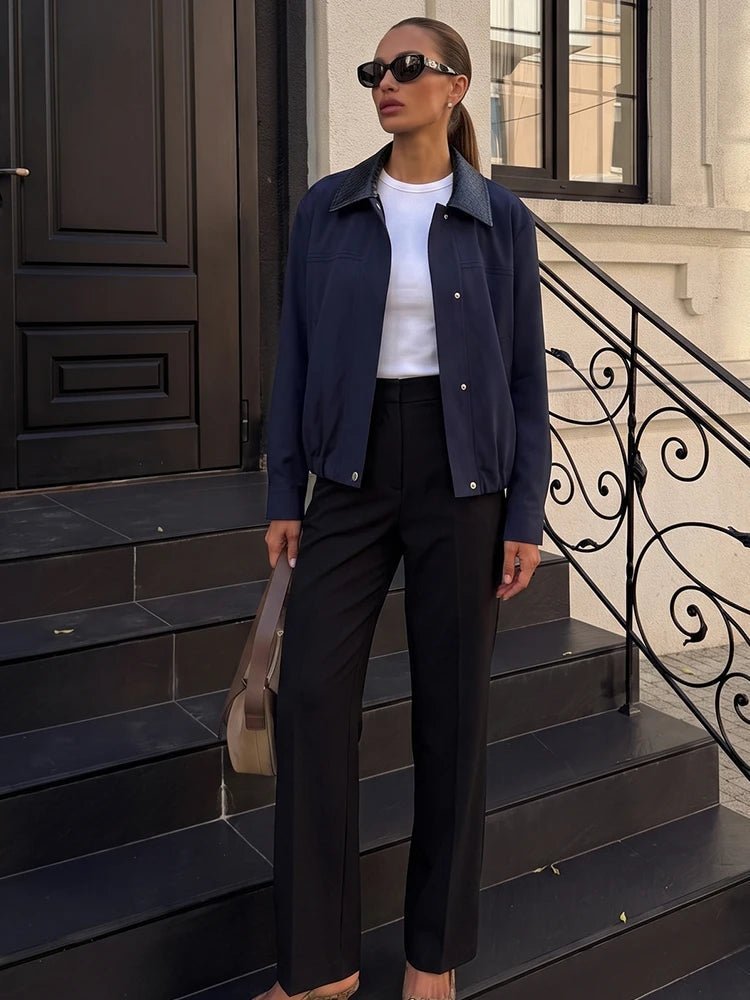 OLANE Stylish Contrast Collar Bomber Jacket NavyXSWomen's Coats & Jackets