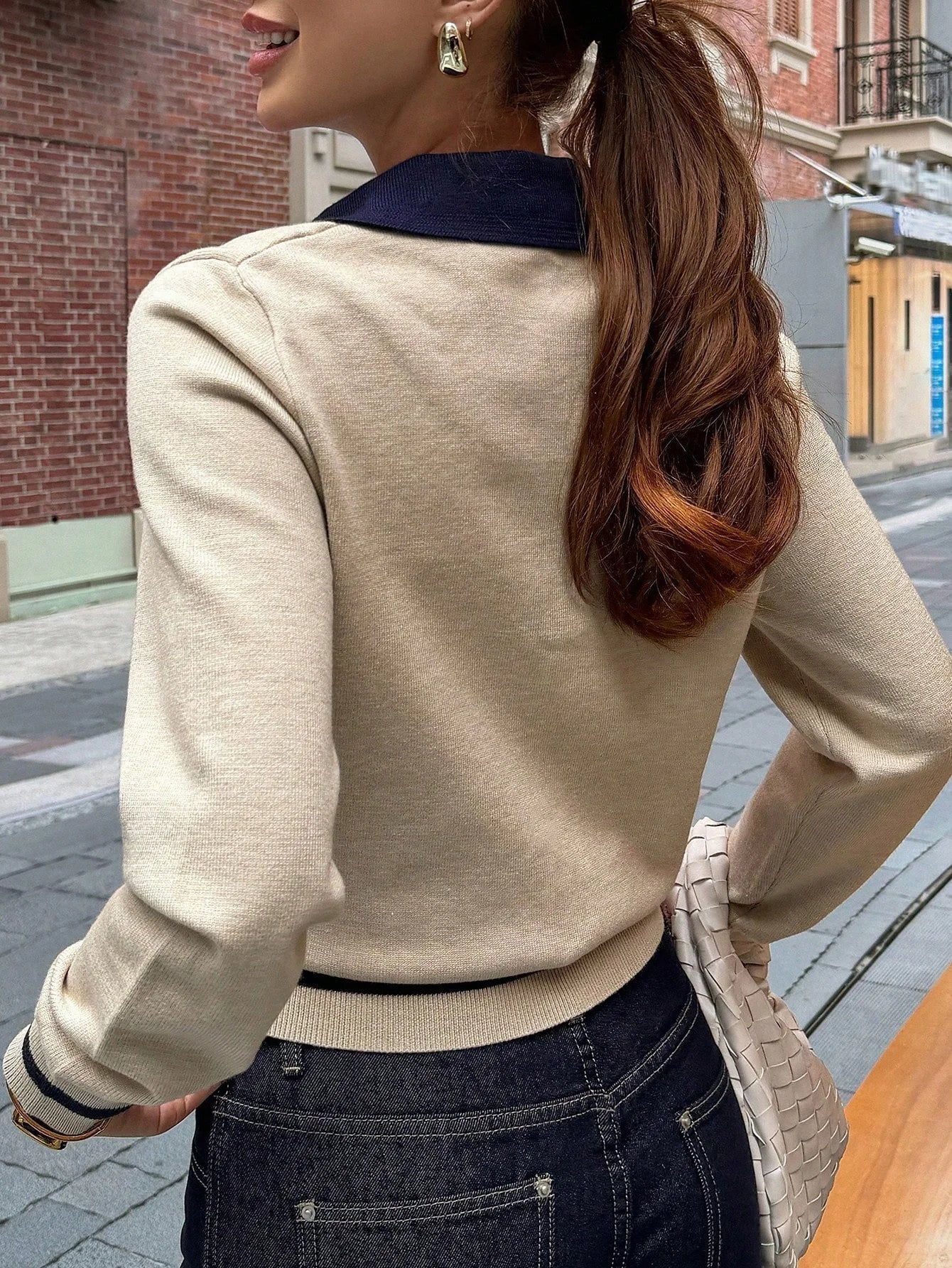 OLANE Stylish Contrast Knit Polo Sweater KhakiLWomen's Sweaters & Cardigans