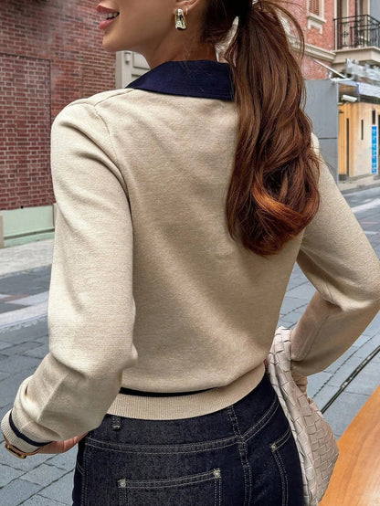 OLANE Stylish Contrast Knit Polo Sweater KhakiLWomen's Sweaters & Cardigans