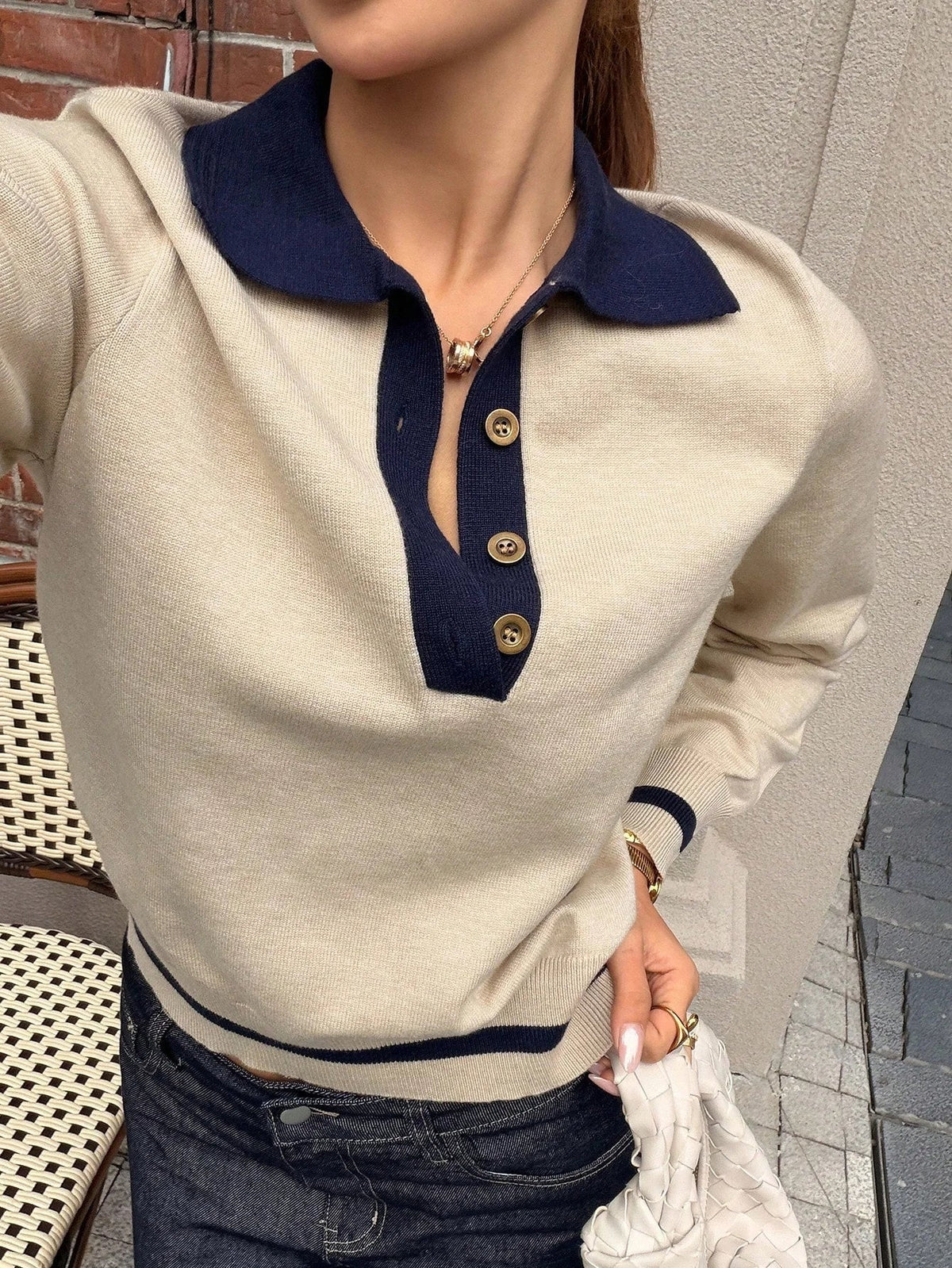 OLANE Stylish Contrast Knit Polo Sweater KhakiLWomen's Sweaters & Cardigans