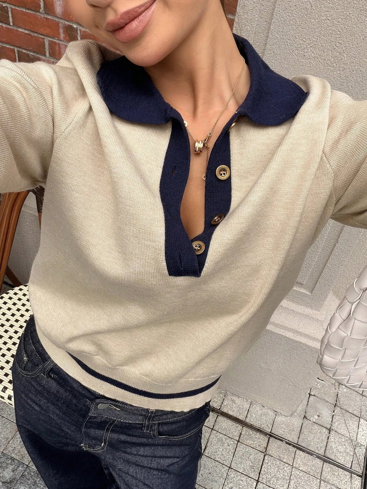OLANE Stylish Contrast Knit Polo Sweater KhakiMWomen's Sweaters & Cardigans