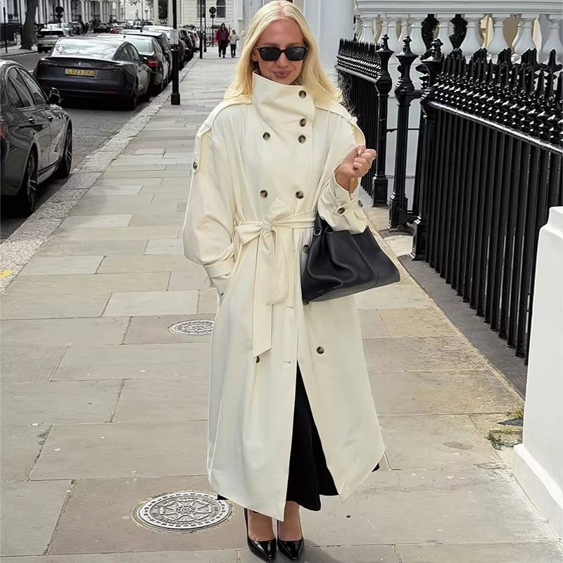 OLANE Stylish Long Belted Trench Coat LWomen's Coats & Jackets