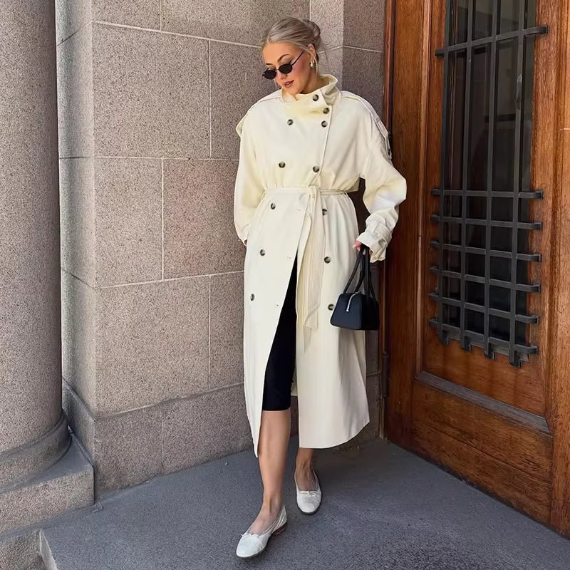 OLANE Stylish Long Belted Trench Coat SWomen's Coats & Jackets