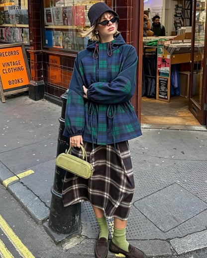 OLANE Stylish Oversized Plaid Lace-Up Jacket MWomen's Coats & Jackets