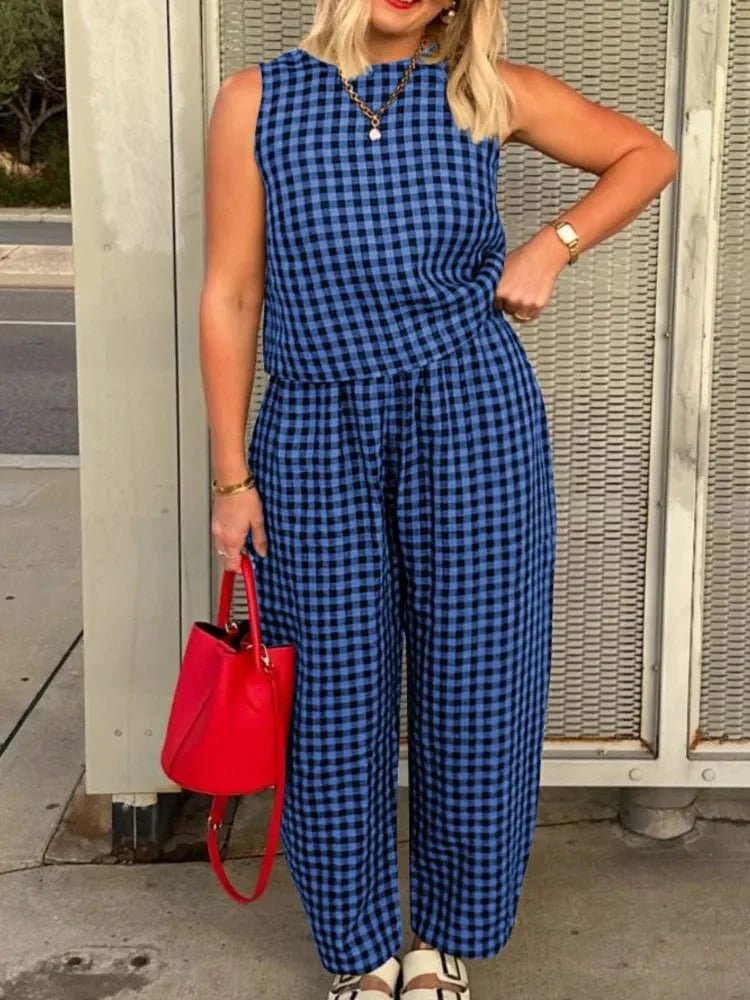 OLANE Stylish Plaid Sleeveless Vest Pant Set BlueSWomen's Sets