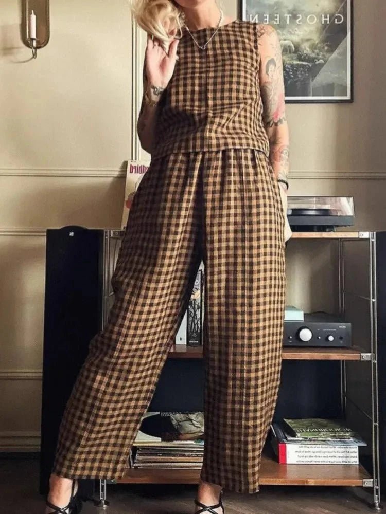 OLANE Stylish Plaid Sleeveless Vest Pant Set BlueSWomen's Sets