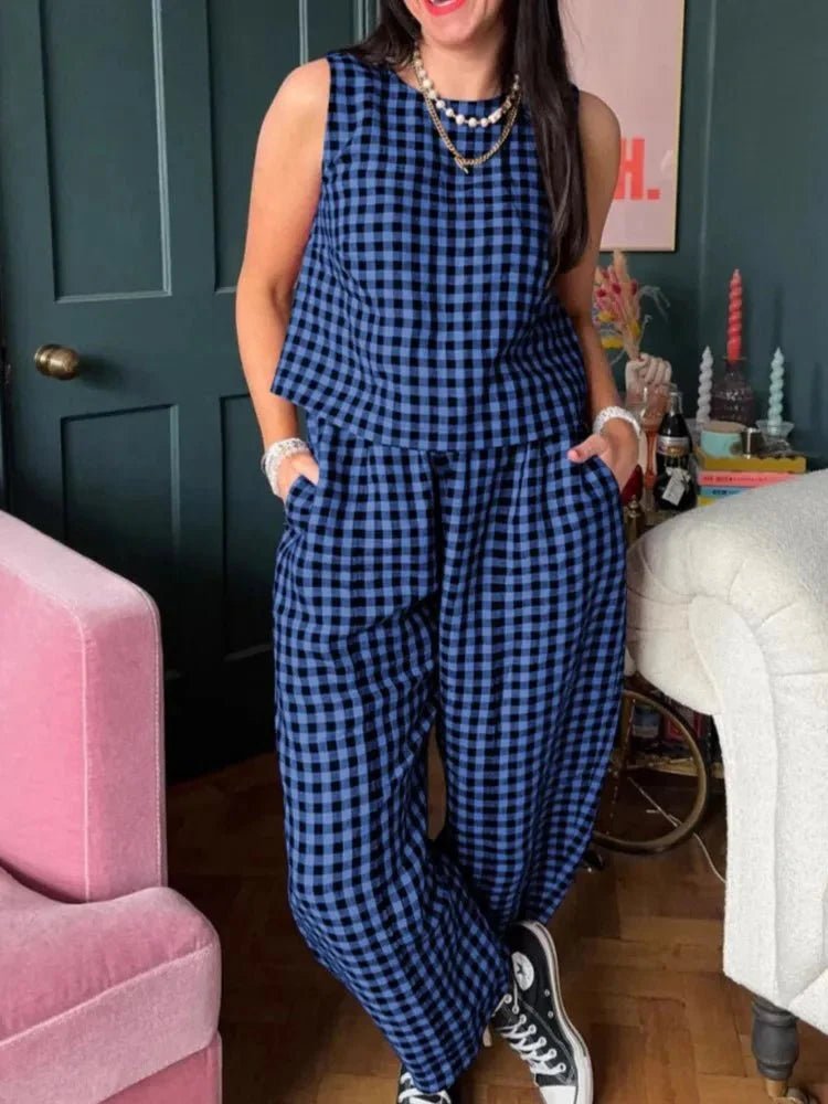 OLANE Stylish Plaid Sleeveless Vest Pant Set BlueSWomen's Sets