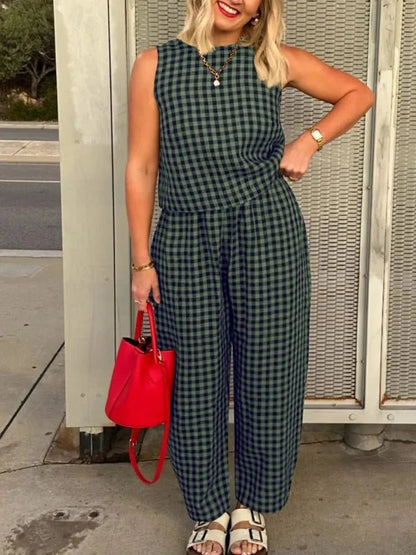 OLANE Stylish Plaid Sleeveless Vest Pant Set BlueSWomen's Sets