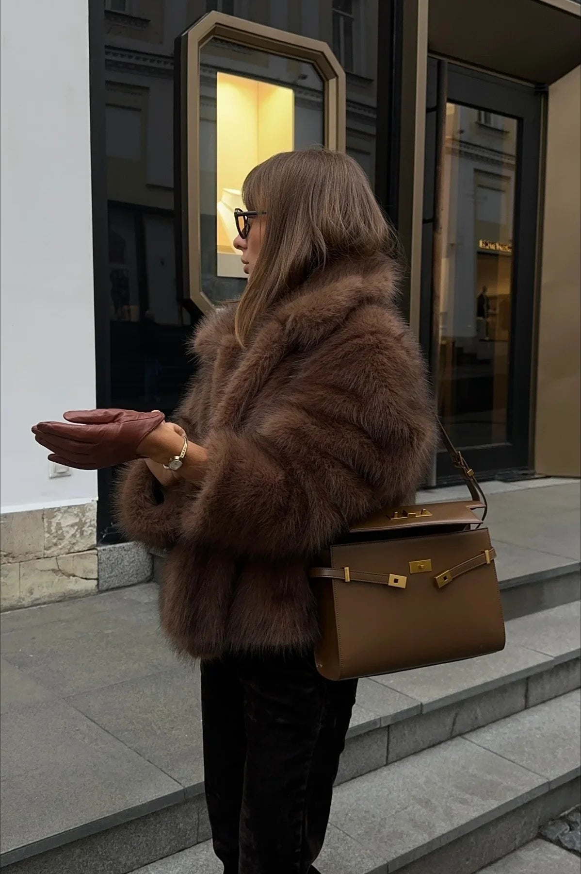 OLANE Stylish Short Faux Fur Coat BrownSWomen's Coats & Jackets