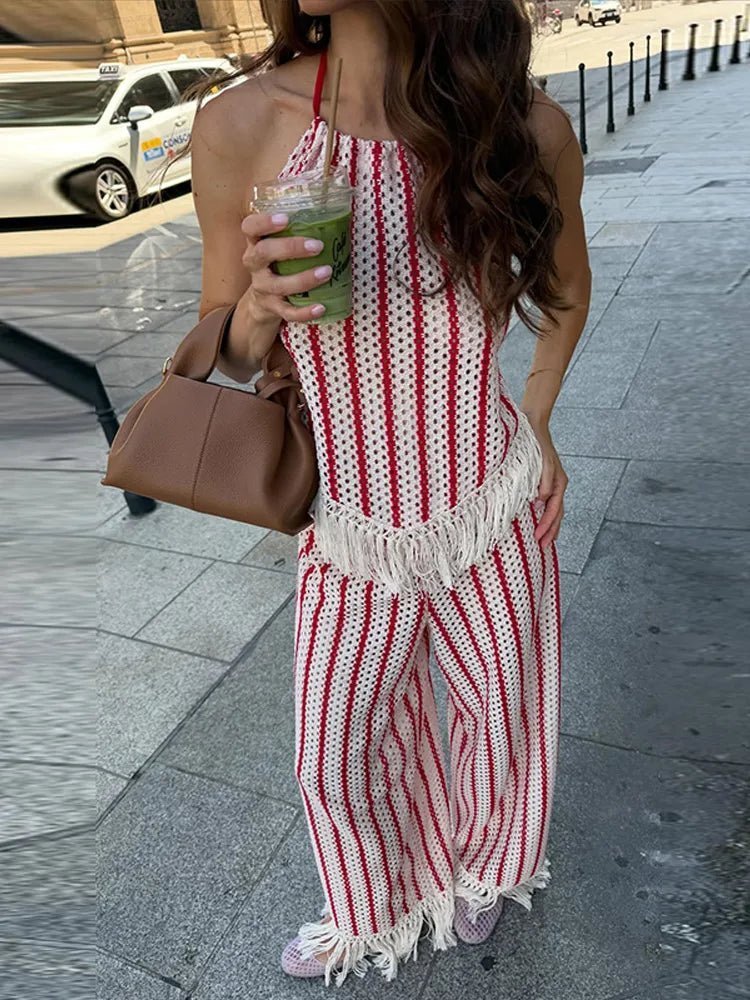 OLANE Stylish Striped Fringe Two-Piece Set LWomen's Sets