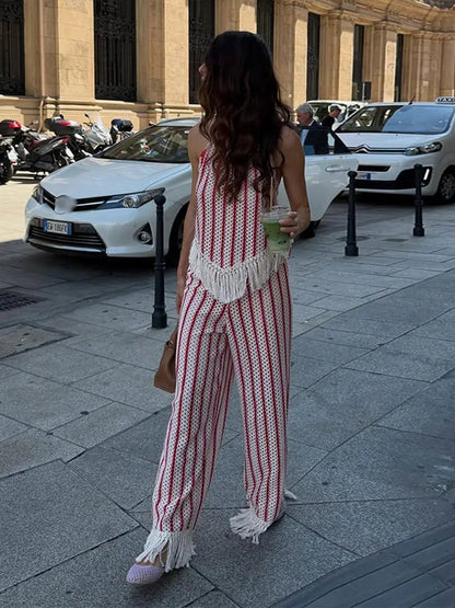 OLANE Stylish Striped Fringe Two-Piece Set LWomen's Sets