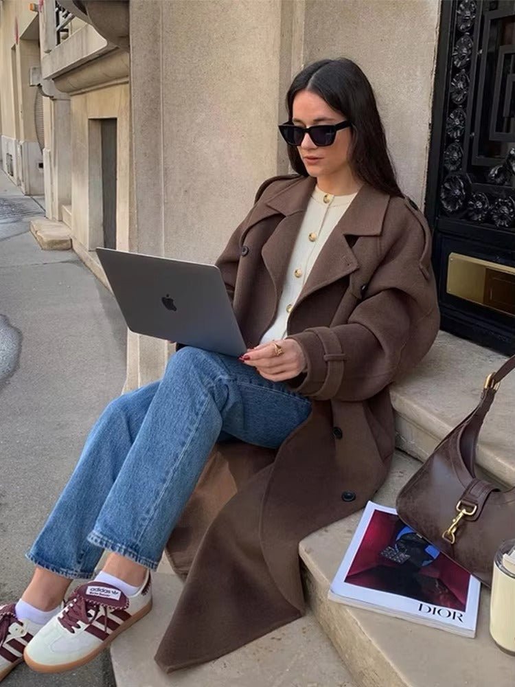 OLANE Stylish V-Neck Autumn Winter Coat BrownMWomen's Coats & Jackets