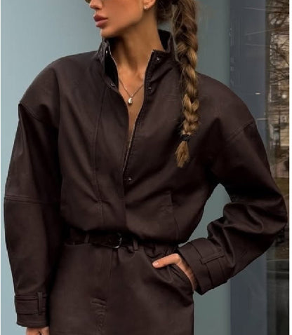 OLANE Suede Cropped Coat Mini Skirt Set Cropped Coat & Mini Skirt SetBrownSWomen's Sets